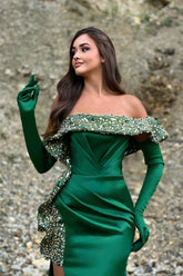 Charming Column Satin One Shoulder Sleeveless Green Prom Evening Dresses With Split Front